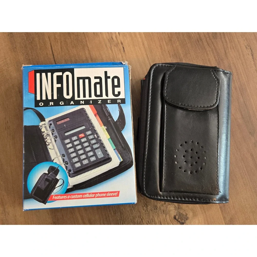 Vintage INFOmate Organizer Black Zippered Planner Solar Calculator Phone Sleeve